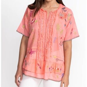 Johnny Was Mayeda Pink Peach Embroidered Blouse - Boho